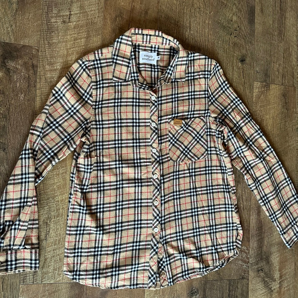 Women's Simply Southern Plaid Button Down Shirt M Beige Black - Picture 3 of 9